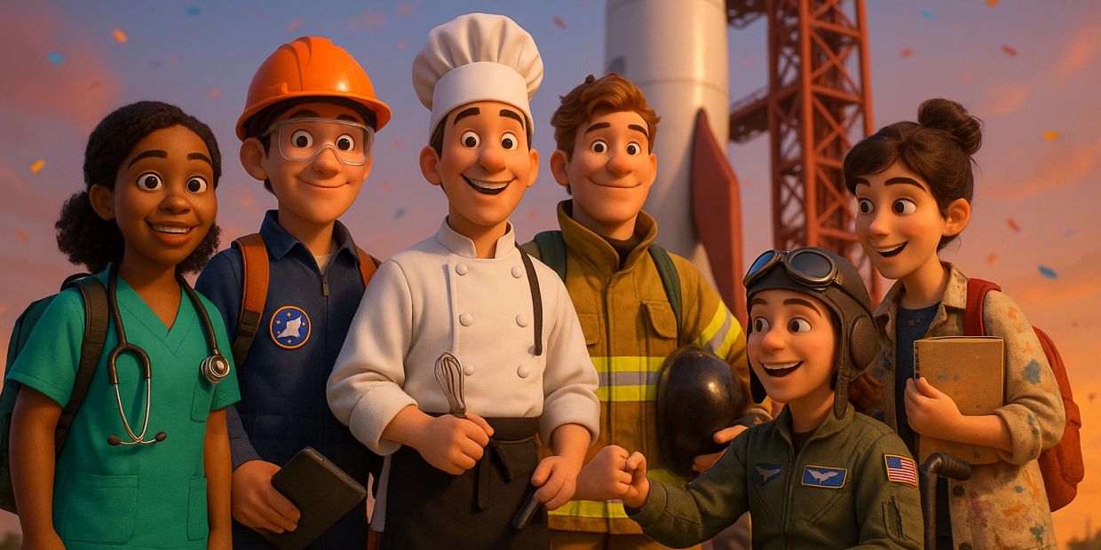 Animated group of diverse professionals smiling together at sunset.