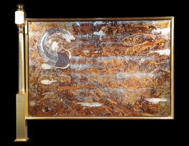 Gold Leaf Koi Art |  22kt gilded hand-made flag post frame, titled "Better, Stronger, Together"