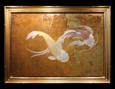 Gilded koi art with 22kt Water Gilded Hand-made Frame, titled "Autumn Leaves On Water"