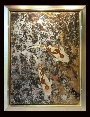 Gold Leaf Koi Art | Inazuma Kohaku | 
15kt-23kt Water Gilded Hand-made Frame, titled "Perfect Storm"