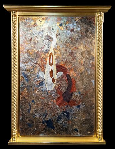 Gold Leaf Koi Art | 22kt Water gilded hand-made frame, titled "The Lead"