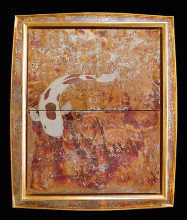 Gilded koi art with 22kt gilded hand-made  frame, titled "Breakthrough"