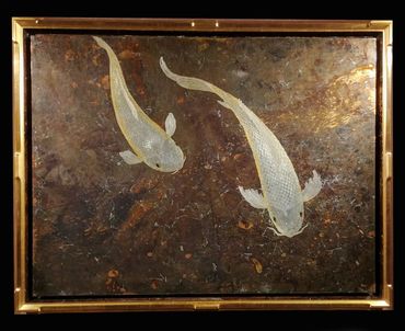Gilded koi art with 22kt Water Gilded Hand-made Frame, titled "Comfortable Silence"