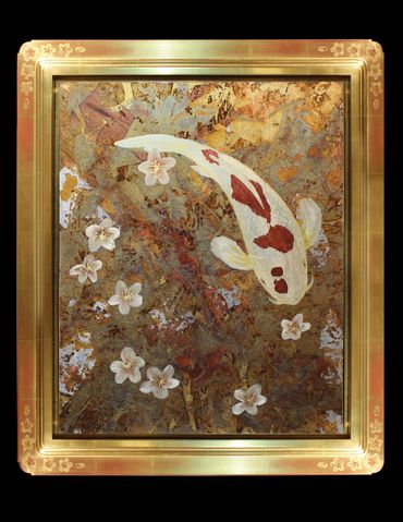 Gold Leaf Koi Art | 22kt Water Gilded Hand-made Frame with Sgraffito, Untitled.