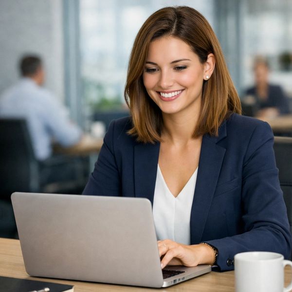Smiling businesswoman working on a laptop in an office.