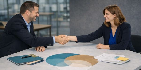 Two professionals shaking hands over a business meeting table.