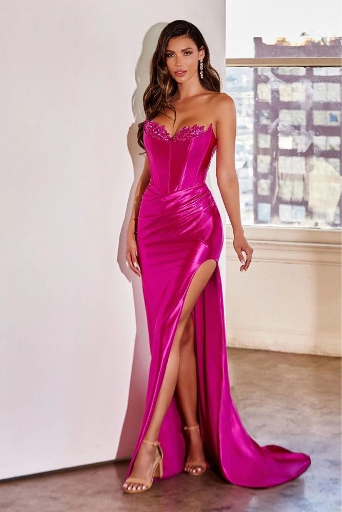 Sequin Corset Bodice Gown with Ruched Hip and High Slit Ocean Blue