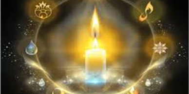 Glowing candle surrounded by mystical symbols.
