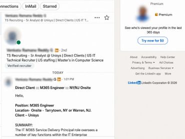 Screenshot of a LinkedIn message about an M365 Engineer job opportunity.