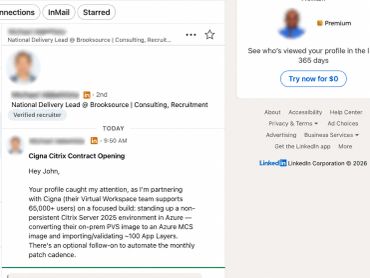 Screenshot of a LinkedIn message about a Cigna Citrix contract opening.