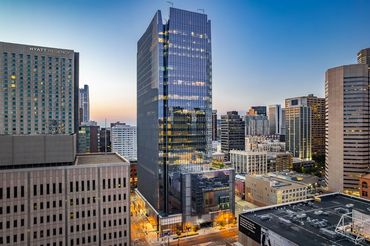 Drone twilight shot of the 675 Fifteenth Street Building in downtown Denver Colorado.