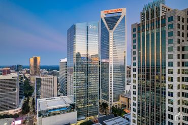 City skyline with Wells Fargo and Duke Energy skyscrapers at sunrise.