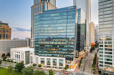 Drone Twilight Aerial of the Deloitte Building in Downtown Charlotte, North Carolina.