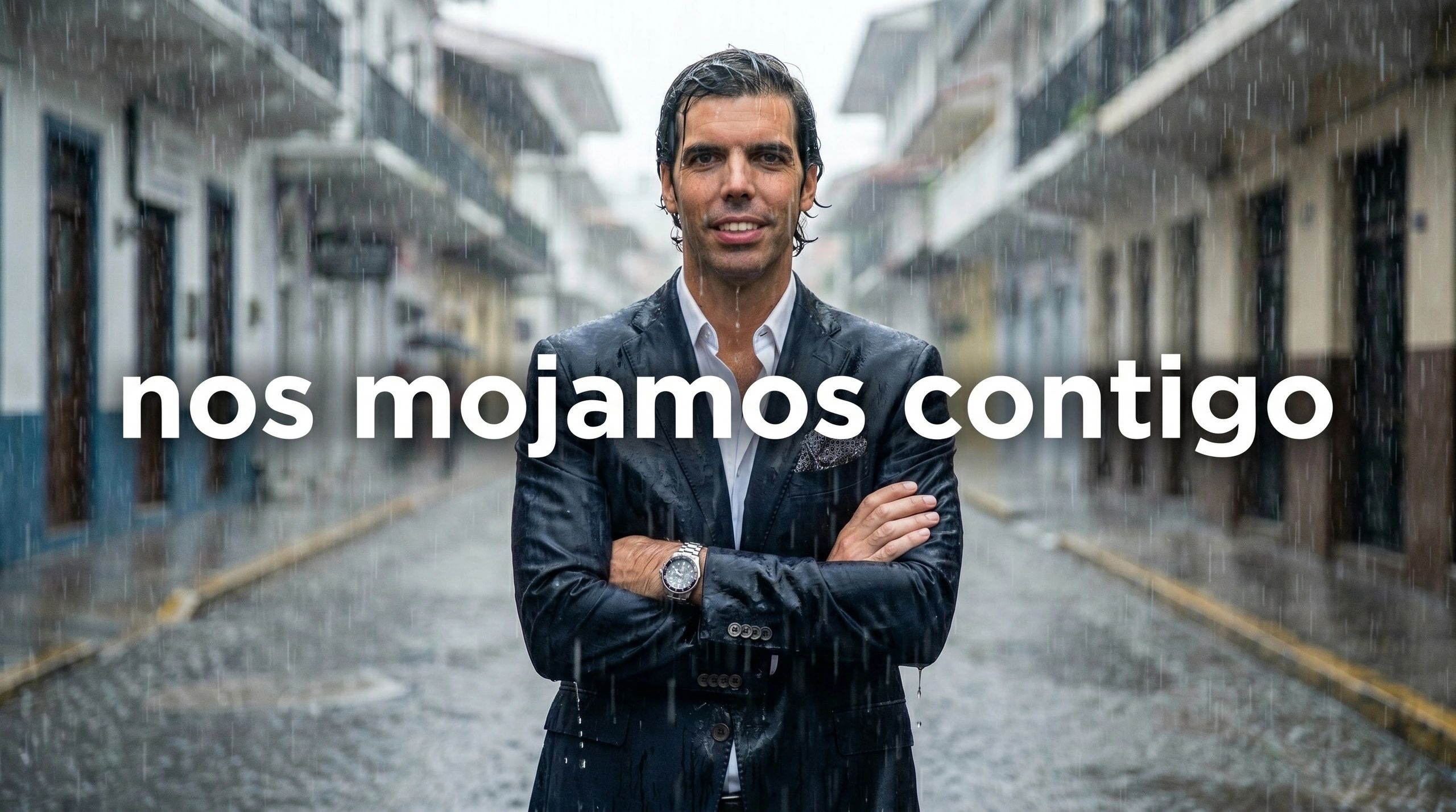 A man in a wet suit stands confidently in the rain with the text 'nos mojamos contigo'.
