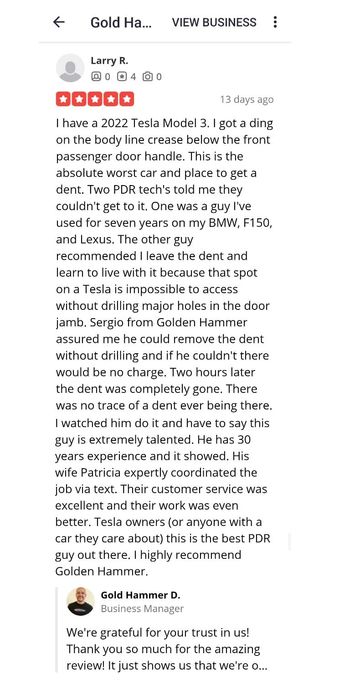 Five-star Reviews on Google and Yelp. 
5 Star Review for local paintless dent Repair in Rocklin,Ca