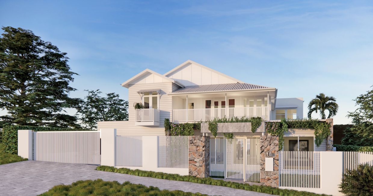 Modern two-story house with white exterior and stone accents under a clear blue sky.