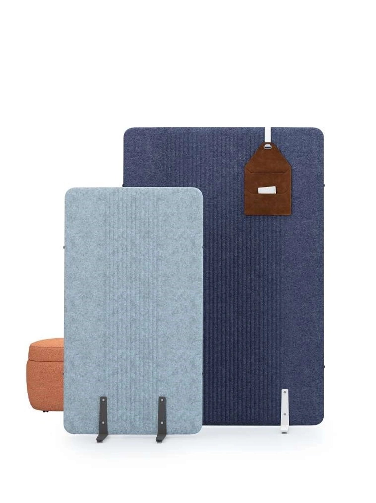 Two modern room dividers with fabric covers in blue tones.