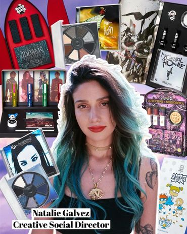Portrait of Natalie Galvez, Creative Social Director, surrounded by artistic product designs.