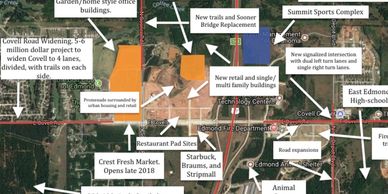 Annotated aerial map showing development plans and landmarks around Covell Road area.