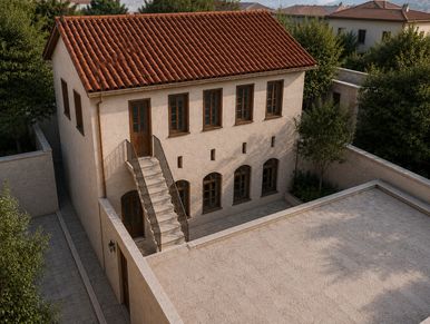 Geleneksel mimaride iki katlı taş ev.