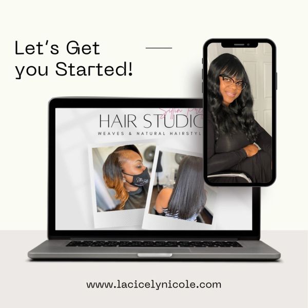 Hair studio promotion with hairstyle images and website.