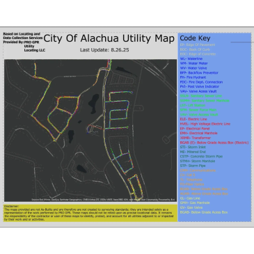 City of Alachua utility map showing water and electrical lines with a color-coded key.