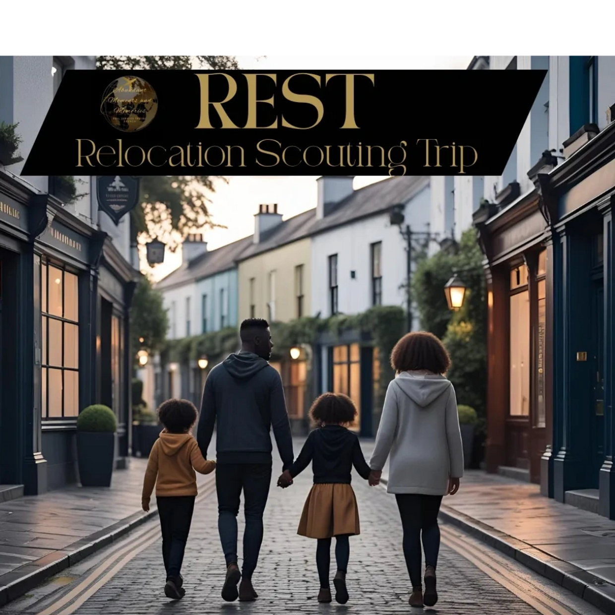 Family walking on a European street, exploring a neighborhood on a relocation scouting trip