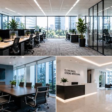 Modern office with clean design and city views.