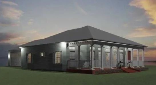 Single-story residential floor plan with porch and three bedrooms