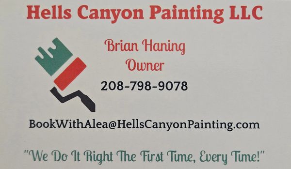 Business card for Hells Canyon Painting LLC with contact details and slogan.