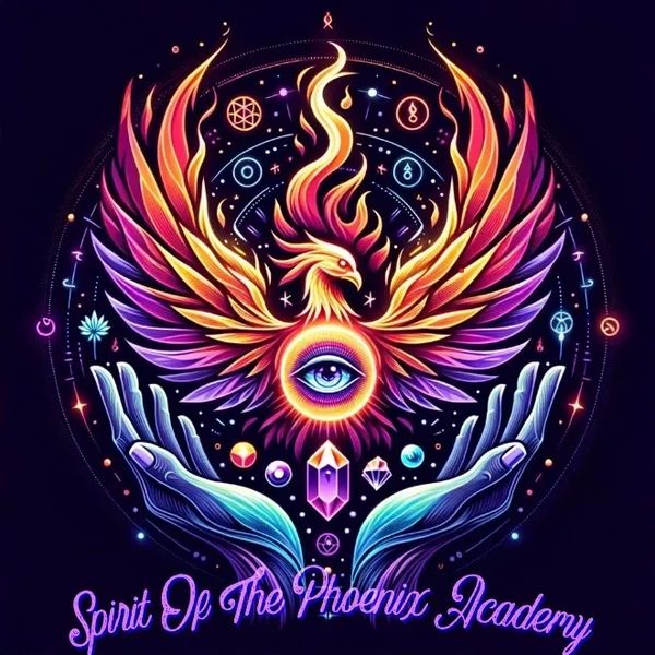 Vibrant phoenix with an all-seeing eye and mystical symbols, held by glowing hands.