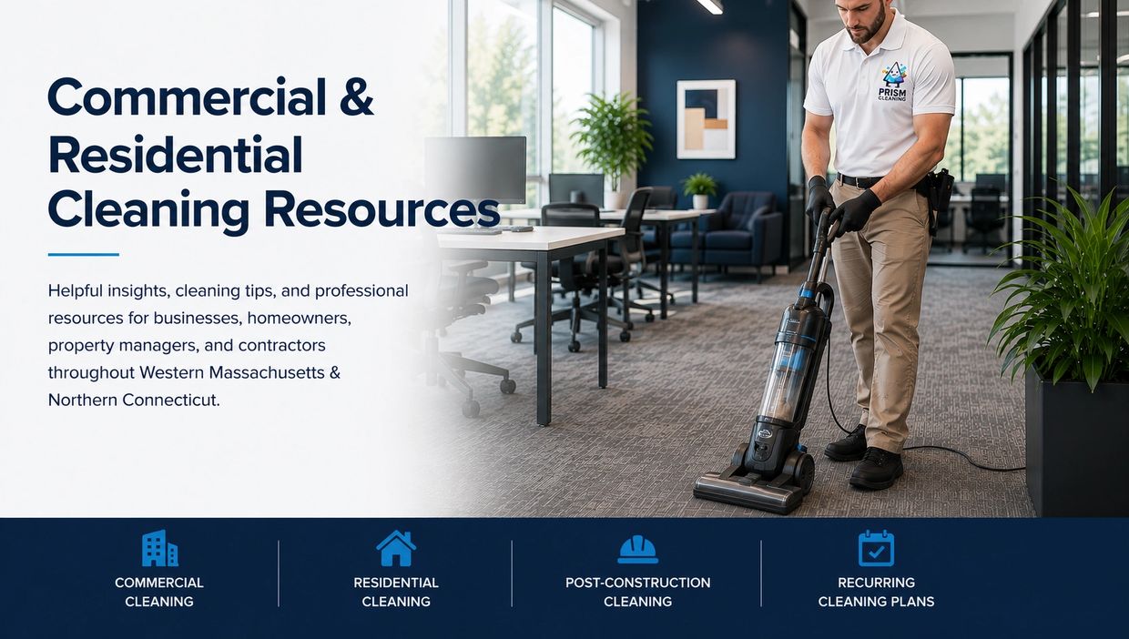 Man vacuuming carpet in modern office promoting cleaning services.