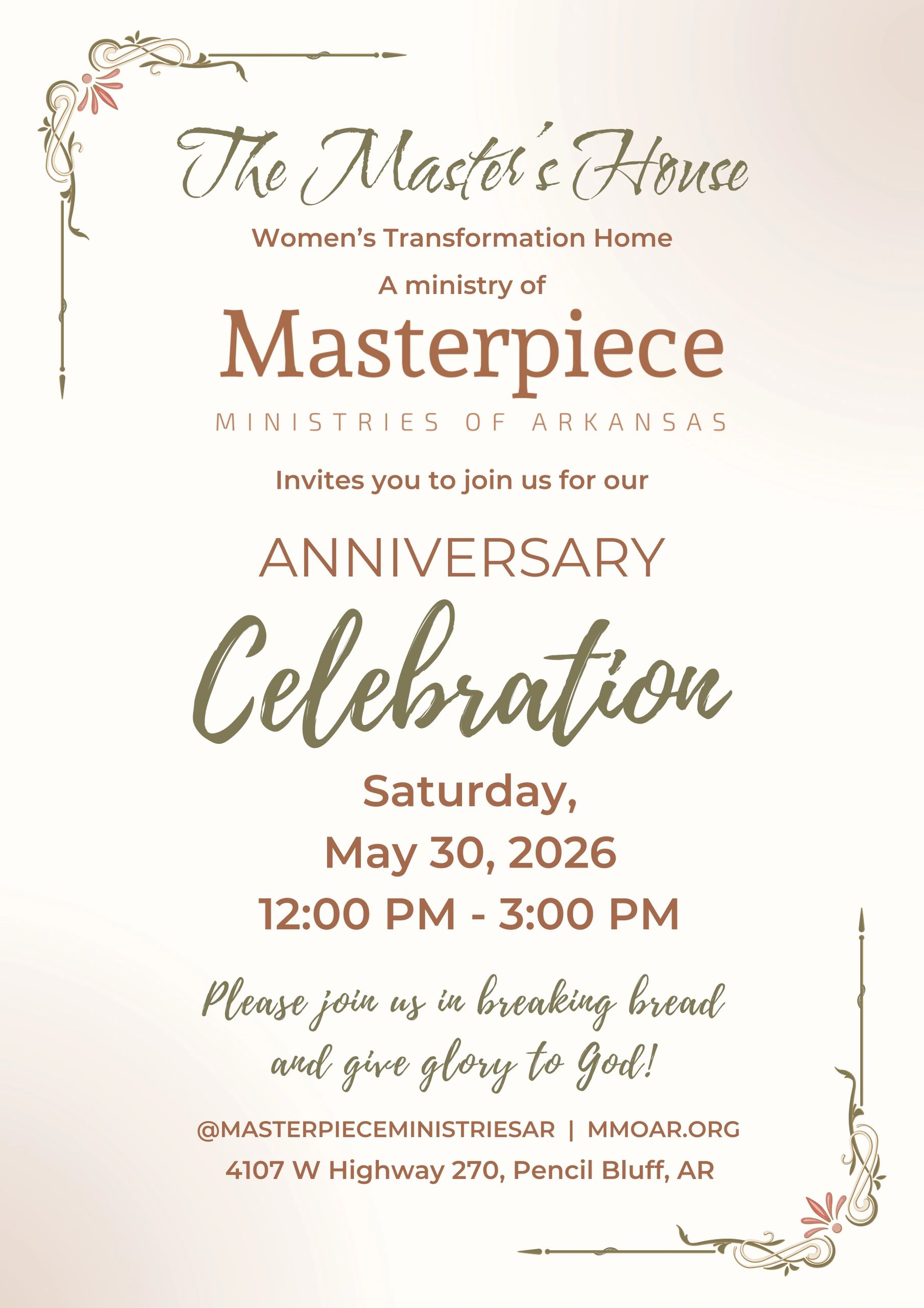 Invitation to The Master's House Women's Transformation Home anniversary celebration on May 30, 2026.
