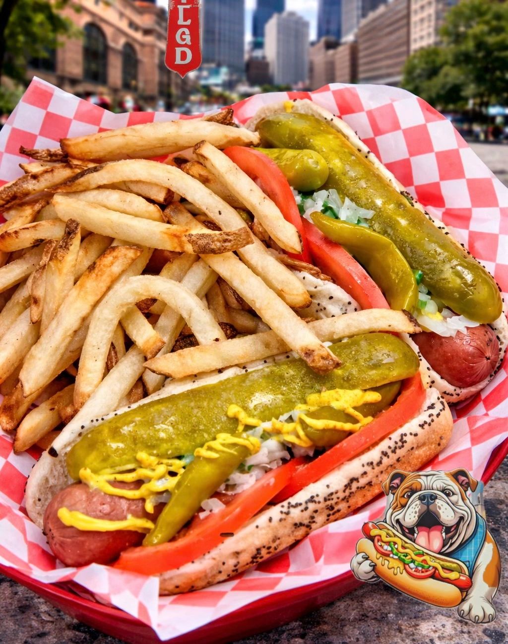 Two loaded hot dogs with mustard, pickles, tomatoes, and fries in a basket.