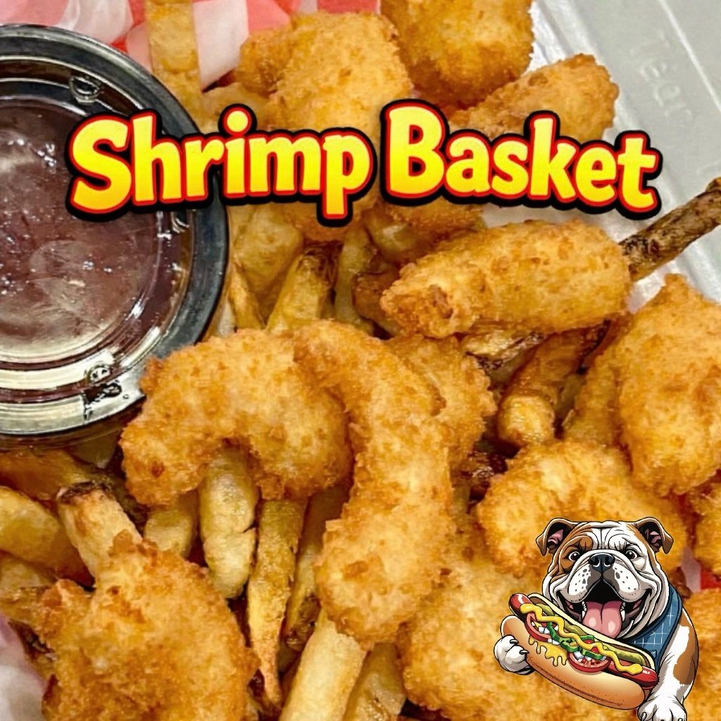 Crispy fried shrimp and fries in a shrimp basket meal with dipping sauce.