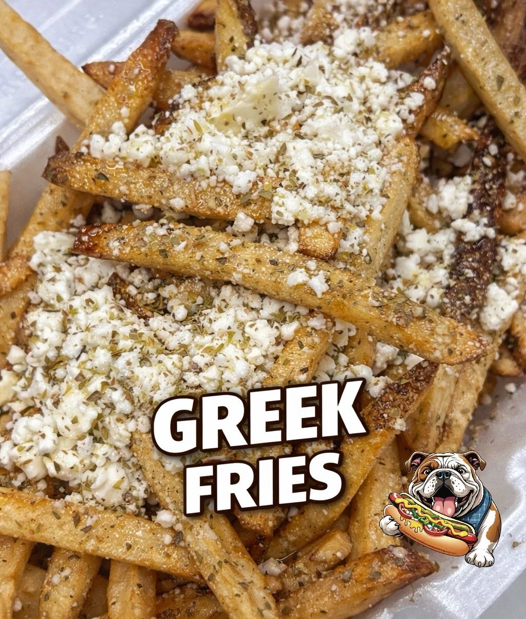 Greek fries topped with feta cheese and herbs.