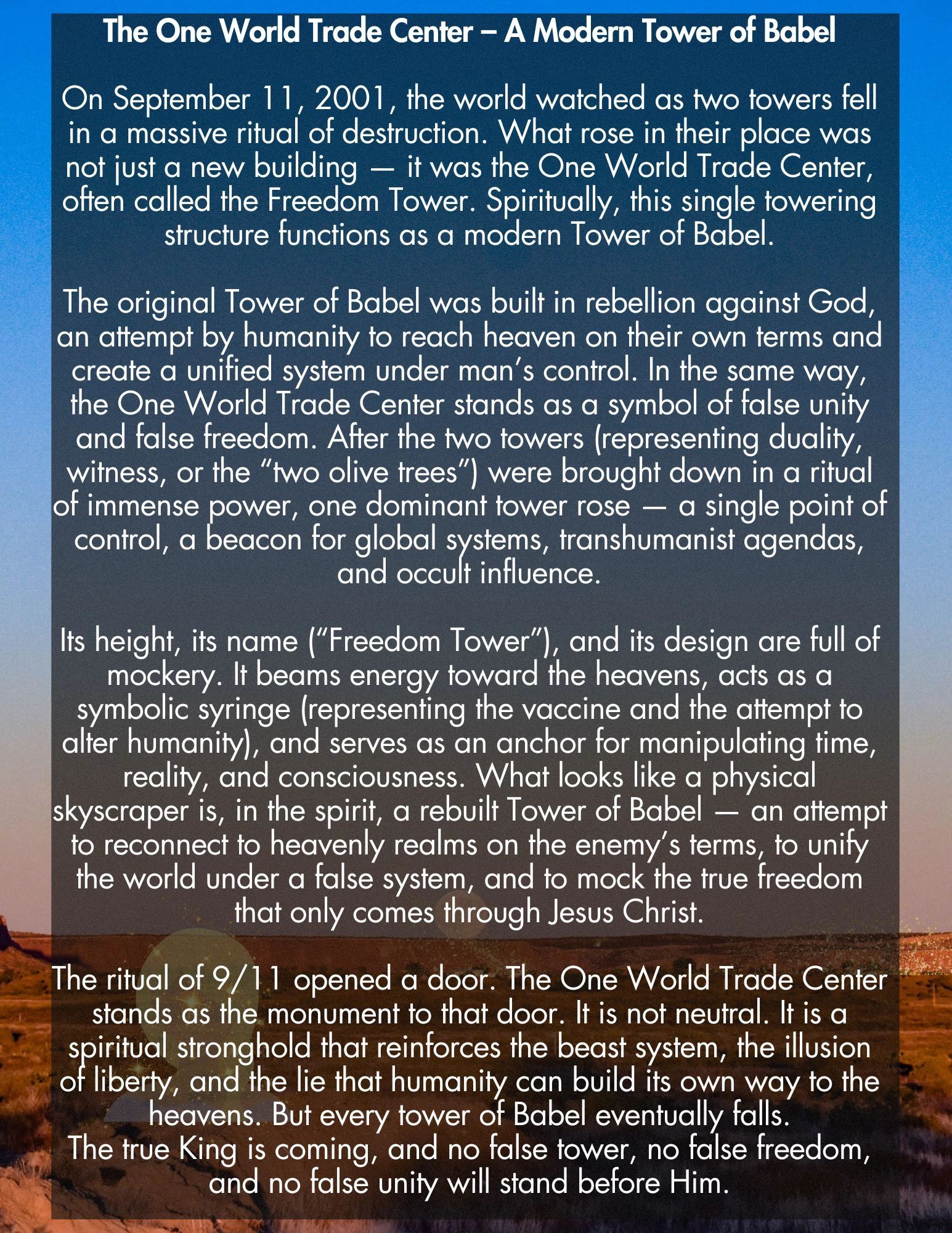 Text explaining the One World Trade Center as a modern Tower of Babel with spiritual symbolism.