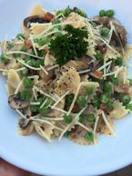 Alfredo Pasta with Pancetta, Mushrooms, and Peas.