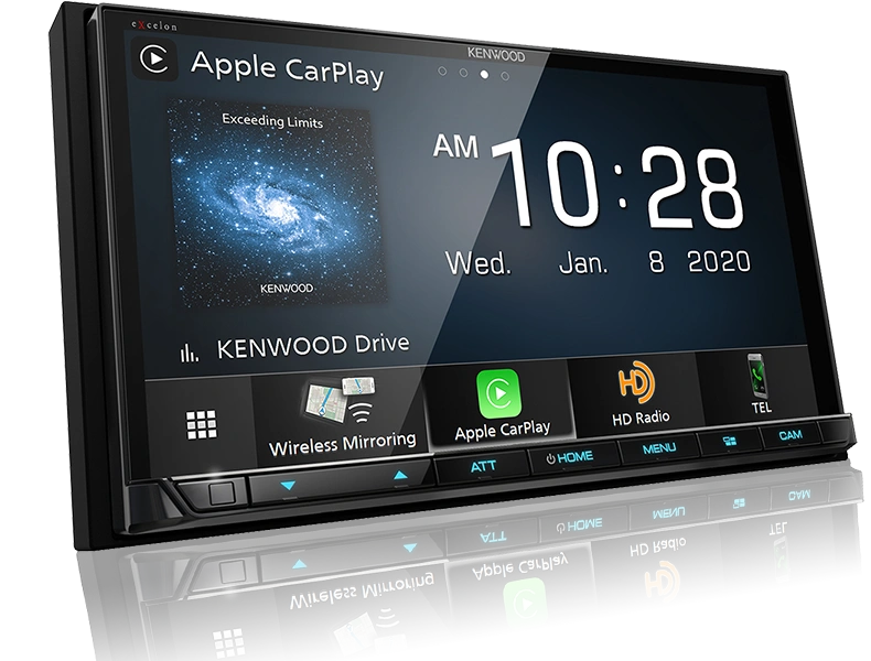 Kenwood touchscreen car stereo showing Apple CarPlay, available at SoundWorx