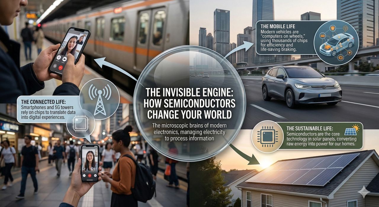 A conceptual infographic titled "The Invisible Engine: How Semiconductors Change Your World." The central focus is a large magnifying glass revealing a microscopic circuit chip. Three arrows point to different scenes: a "Connected Life" section showing people on video calls with 5G icons; a "Mobile Life" section featuring a modern electric SUV with icons for braking and engine efficiency; and a "Sustainable Life" section showing a residential home with solar panels.