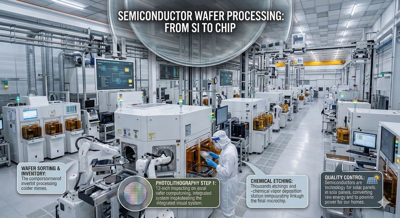 A wide-angle view of a high-tech semiconductor fabrication "clean room" titled "Semiconductor Wafer Processing: From Si to Chip." The image shows rows of white automated machines and robotic arms. A technician in a full white "bunny suit" (protective gear) is shown inspecting a shimmering 12-inch silicon wafer. Infographic callouts label stages of production, including Photolithography, Chemical Etching, and Quality Control.