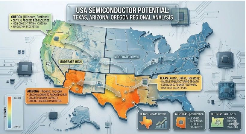A strategic heat map of the United States focusing on semiconductor growth in Oregon, Arizona, and Texas. The three states are highlighted in deep red to indicate "Highest Potential." Bubbles highlight specific regional strengths: Oregon as "The Silicon Forest" focused on R&D; Arizona as "The Silicon Desert" featuring TSMC and Intel investments; and Texas as "The Export Leader" showcasing Samsung and Texas Instruments facilities.