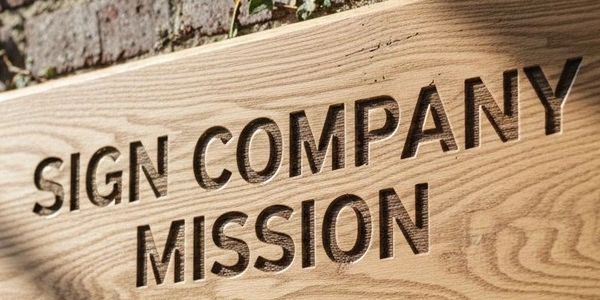 Wooden sign with 'Sign Company Mission' engraved on it.