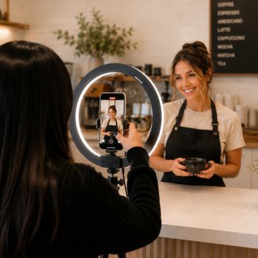 Woman filming a barista with a ring light in a coffee shop.