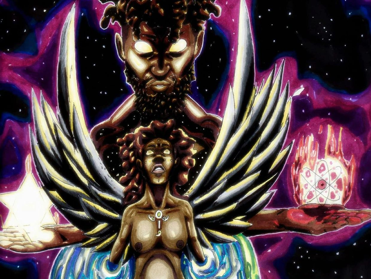 Spiritual cosmic beings with glowing eyes and powerful auras.