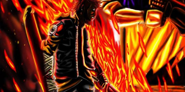 A fiery, intense anime-style scene with a character surrounded by flames.
