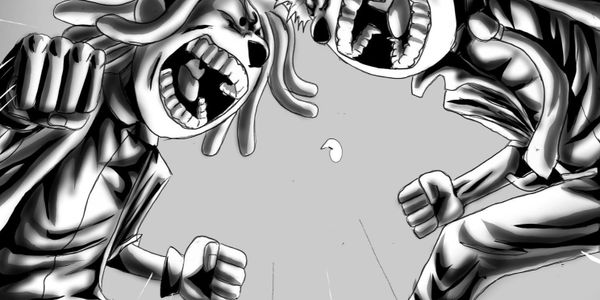 Two fierce cartoon characters with dreadlocks shouting and clenching fists.
