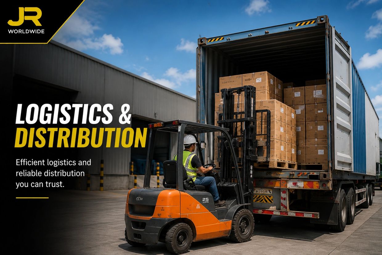 Worker using forklift to load boxes into a shipping container for logistics and distribution.