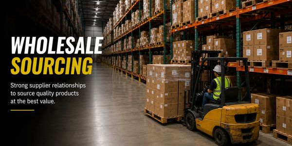 Worker operating forklift in a large warehouse filled with boxes for wholesale sourcing.