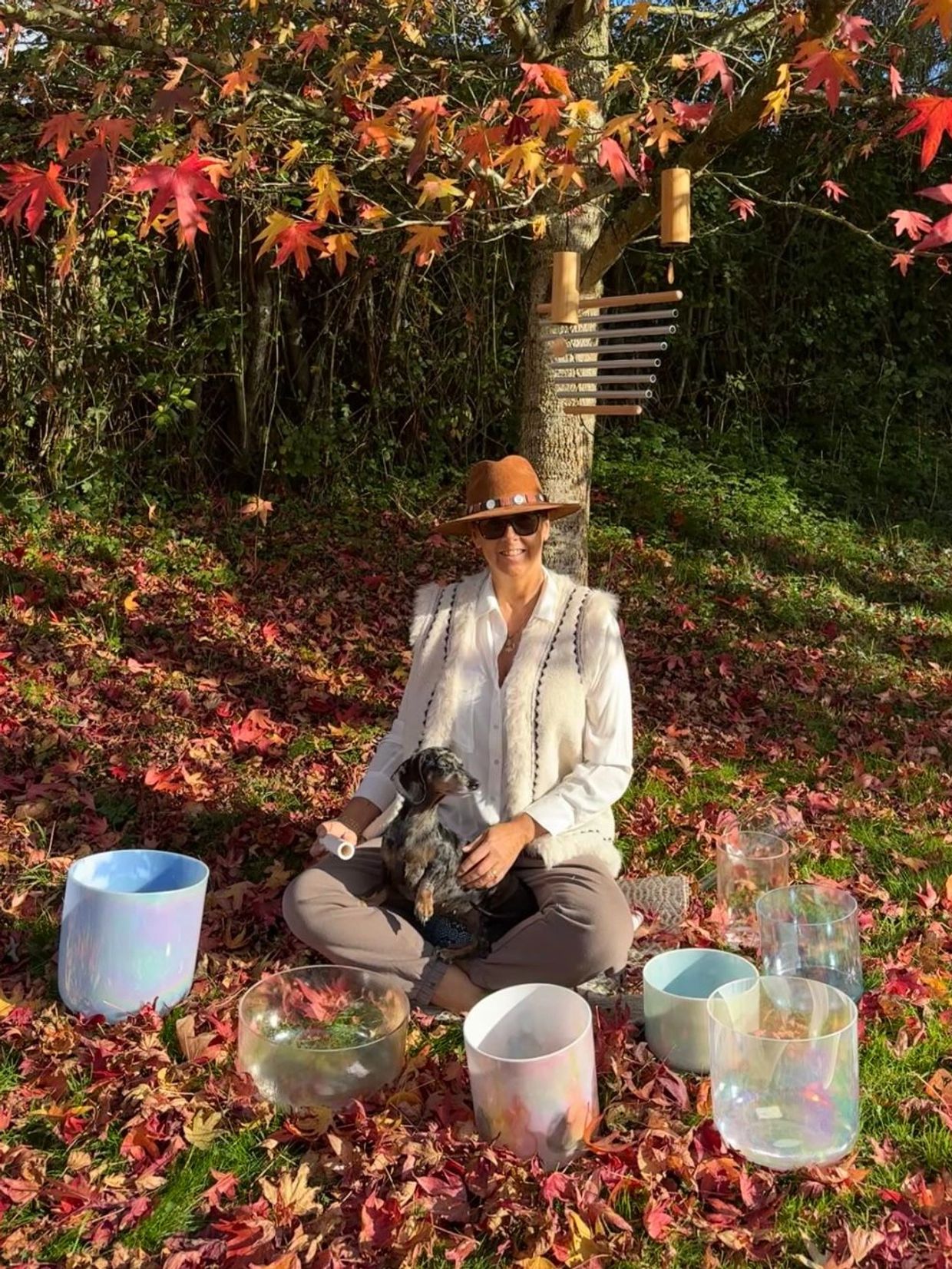 Georgina sat under a tree with autumnal leaves with her dog. surrounded by Alchemy Crystal bowls